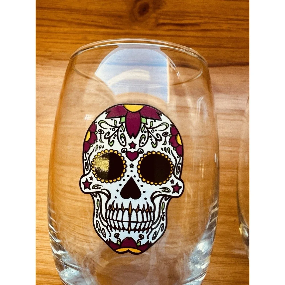 Stemless Wine Glass DAY OF THE DEAD Painted Scull 14 fl oz Set Of 2‎